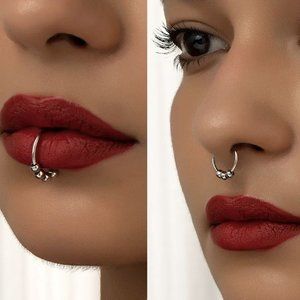 No Pierce Silver Beaded Nose Ring Punk Rock Goth Non Pierced Lip Ring NEW